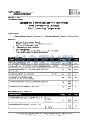 SHD114634 datasheet - HERMETIC POWER SCHOTTKY RECTIFIER Ultra Low Reverse Leakage 200`C Operating Temperature