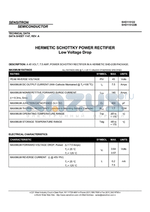 SHD115122B datasheet - HERMETIC SCHOTTKY POWER RECTIFIER Low Voltage Drop