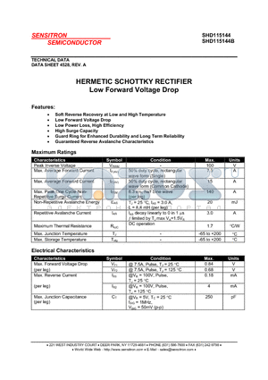 SHD115144 datasheet - HERMETIC SCHOTTKY RECTIFIER Low Forward Voltage Drop