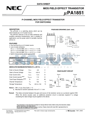 UPA1851 datasheet - P-CHANNEL MOS FIELD EFFECT TRANSISTOR FOR SWITCHING