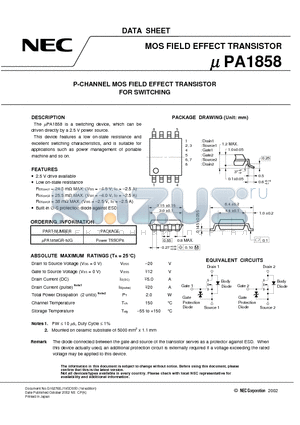 UPA1858 datasheet - P-CHANNEL MOS FIELD EFFECT TRANSISTOR FOR SWITCHING
