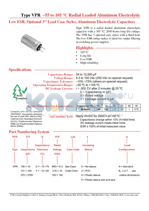 VPR372U016L2C datasheet - Radial Leaded Aluminum Electrolytic