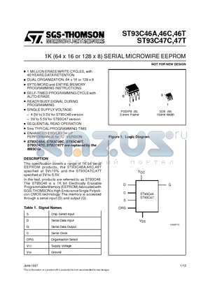 ST93C46AB1013TR datasheet - 1K 64 x 16 or 128 x 8 SERIAL MICROWIRE EEPROM