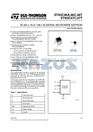 ST93C46AM3013TR datasheet - 1K 64 x 16 or 128 x 8 SERIAL MICROWIRE EEPROM