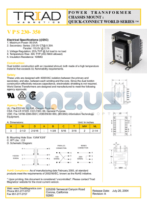 VPS230-350 datasheet - POWER TRANSFORMER CHASSIS MOUNT : QUICK-CONNECT WORLD SERIES