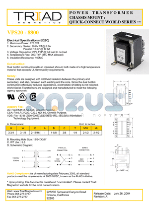 VPS20-8800 datasheet - POWER TRANSFORMER CHASSIS MOUNT : QUICK-CONNECT WORLD SERIES