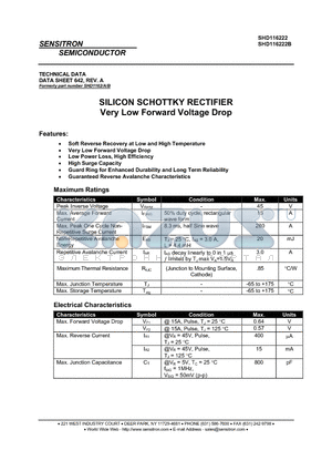 SHD116222B datasheet - SILICON SCHOTTKY RECTIFIER DIE Extremely Low Forward Voltage Drop