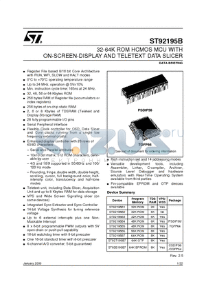 ST92T195 datasheet - 32-64K ROM HCMOS MCU WITH ON-SCREEN-DISPLAY AND TELETEXT DATA SLICER