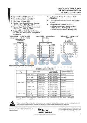 SN74LVC541ARGYR datasheet - OCTAL BUFFERS/DRIVERS WITH 3-STATE OUTPUT