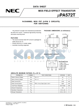 UPA572T datasheet - N-CHANNEL MOS FET 5-PIN 2 CIRCUITS FOR SWITCHING