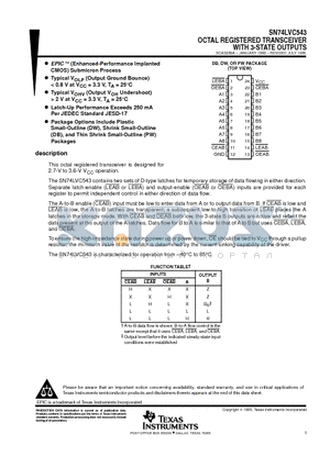 SN74LVC543PW datasheet - OCTAL REGISTERED TRANSCEIVER WITH 3-STATE OUTPUTS