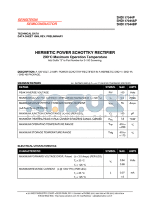 SHD117044P datasheet - HERMETIC POWER SCHOTTKY RECTIFIER 200•C Maximum Operation Temperature