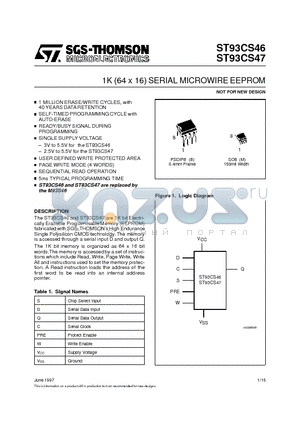 ST93CS46B1013TR datasheet - 1K 64 x 16 SERIAL MICROWIRE EEPROM
