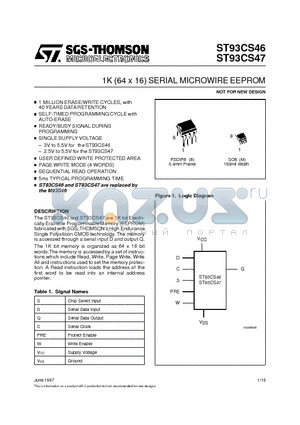 ST93CS47B6013TR datasheet - 1K 64 x 16 SERIAL MICROWIRE EEPROM