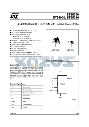 ST95010B1 datasheet - 4K/2K/1K Serial SPI EEPROM with Positive Clock Strobe