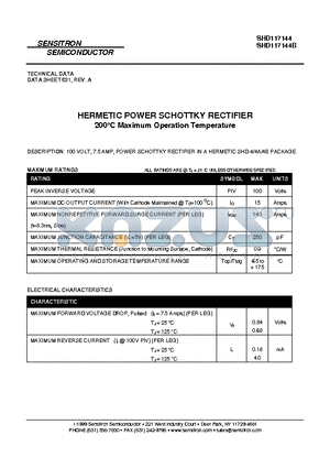 SHD117144B datasheet - HERMETIC POWER SCHOTTKY RECTIFIER 200C Maximum Operation Temperature