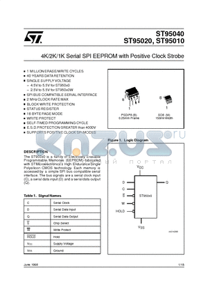 ST95010B6TR datasheet - 4K/2K/1K Serial SPI EEPROM with Positive Clock Strobe