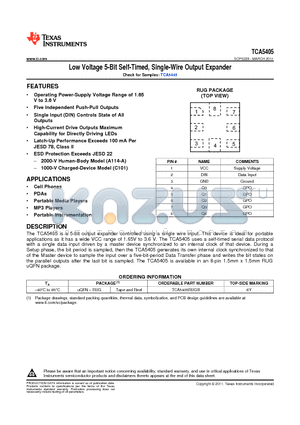 TCA5405RUGR datasheet - Low Voltage 5-Bit Self-Timed, Single-Wire Output Expander