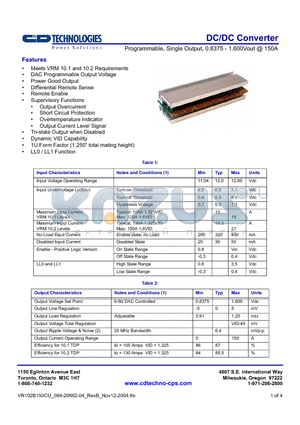 VR102B150CU datasheet - DC/DC Converter Programmable, Single Output, 0.8375 - 1.600Vout @ 150A