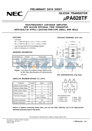 UPA828TF datasheet - HIGH-FREQUENCY LOW-NOISE AMPLIFIER NPN SILICON EPITAXIAL TWIN TRANSISTOR WITH BUILT-IN 6-PIN 2 x 2SC5184 THIN-TYPE SMALL MINI MOLD