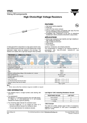 VR25000001503FA100 datasheet - High Ohmic/High Voltage Resistors