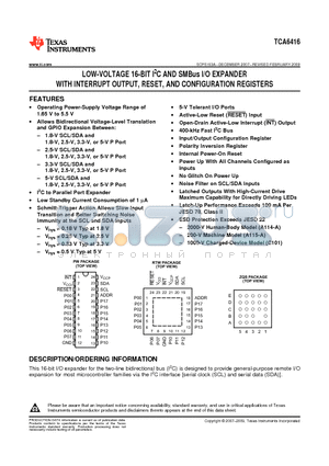 TCA6416RTWR datasheet - LOW-VOLTAGE 16-BIT I2C AND SMBus I/O EXPANDER WITH INTERRUPT OUTPUT, RESET, AND CONFIGURATION REGISTERS