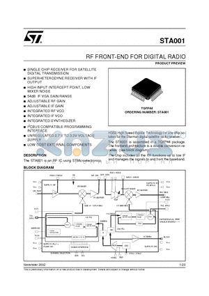 STA001 datasheet - RF FRONT-END FOR DIGITAL RADIO