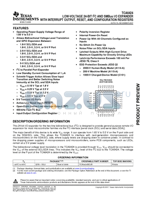 TCA6424RGJR datasheet - LOW-VOLTAGE 24-BIT I2C AND SMBus I/O EXPANDER WITH INTERRUPT OUTPUT, RESET, AND CONFIGURATION REGISTERS