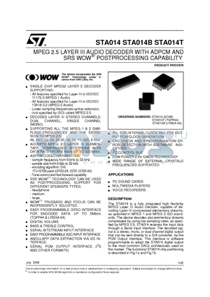 STA014 datasheet - MPEG 2.5 LAYER III AUDIO DECODER WITH ADPCM AND SRS WOWO POSTPROCESSING CAPABILITY