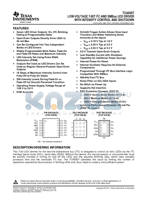 TCA6507ZXUR datasheet - LOW-VOLTAGE 7-BIT I2C AND SMBus LED DRIVER WITH INTENSITY CONTROL AND SHUTDOWN