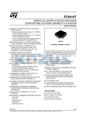 STA016T datasheet - MPEG 2.5 LAYER III AUDIO DECODER SUPPORTING CD-ROM CAPABILITY & ADPCM