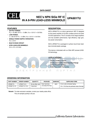 UPA901TU datasheet - NPN SiGe RF IC IN A 8-PIN LEAD-LESS MINIMOLD