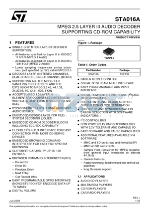 STA016A datasheet - MPEG 2.5 LAYER III AUDIO DECODER SUPPORTING CD-ROM CAPABILITY