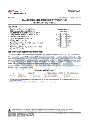 SN74LVC74AQPWRG4Q1 datasheet - DUAL POSITIVE-EDGE-TRIGGERED D-TYPE FLIP-FLOP WITH CLEAR AND PRESET