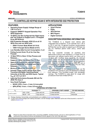 TCA8418RTWR datasheet - I2C CONTROLLED KEYPAD SCAN IC WITH INTEGRATED ESD PROTECTION