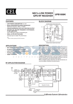 UPB1008K datasheet - LOW POWER GPS RF RECEIVER