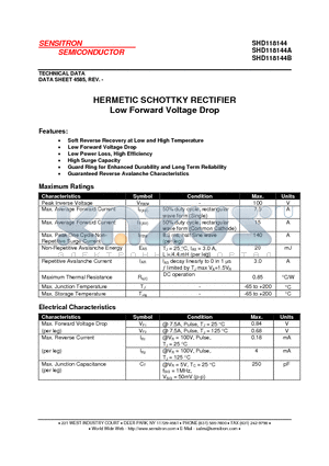 SHD118144B datasheet - HERMETIC SCHOTTKY RECTIFIER Low Forward Voltage Drop