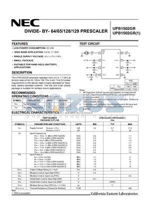 UPB1502GR-E1 datasheet - 1.7 GHz/ 2.0 GHz LOW-POWER TWO-MODULUS PRESCALER DIVIDED-BY-64/65, 128/129
