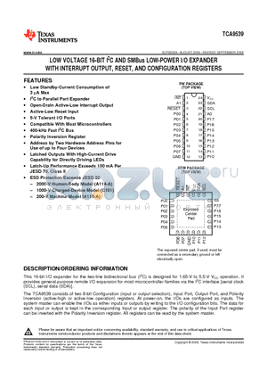 TCA9539 datasheet - LOW VOLTAGE 16-BIT I2C AND SMBus LOW-POWER I/O EXPANDER WITH INTERRUPT OUTPUT RESET AND CONFIGURATION REGISTERS