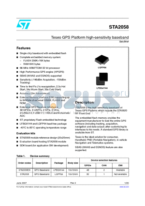 STA2058 datasheet - Teseo GPS Platform high-sensitivity baseband