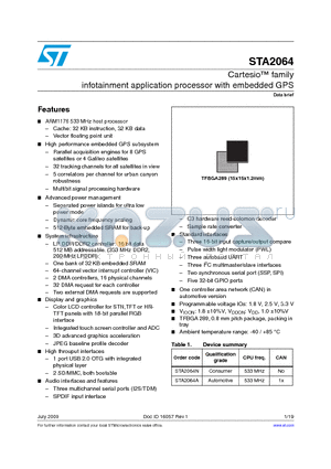 STA2064 datasheet - Cartesio family infotainment application processor with embedded GPS