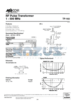 TP-102PIN datasheet - RF Pulse Transformer 1 - 500 MHz