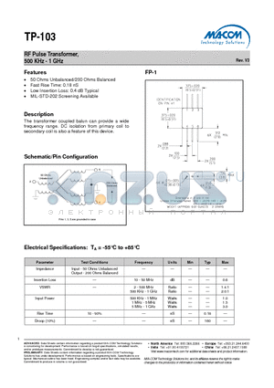 TP-103 datasheet - RF Pulse Transformer, 500 KHz - 1 GHz
