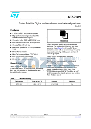 STA210N datasheet - Sirius Satellite Digital audio radio service Heterodyne tuner