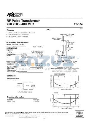 TP-104PIN datasheet - RF Pulse Transformer 750 kHz - 400 MHz