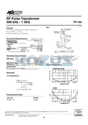 TP-105 datasheet - RF Pulse Transformer 500 kHz - 1 GHz