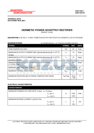 SHD119211 datasheet - HERMETIC POWER SCHOTTKY RECTIFIER