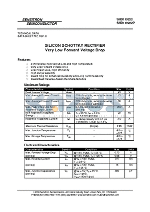 SHD119222 datasheet - SILICON SCHOTTKY RECTIFIER Very Low Forward Voltage Drop