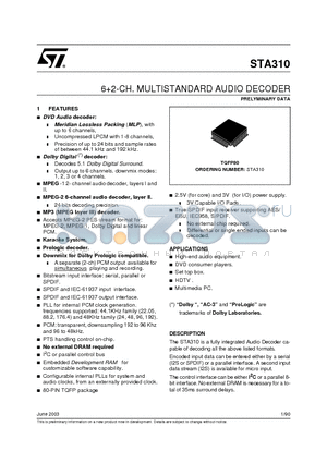 STA310 datasheet - 62-CH. MULTISTANDARD AUDIO DECODER