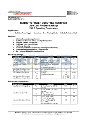 SHD119234 datasheet - HERMETIC POWER SCHOTTKY RECTIFIER